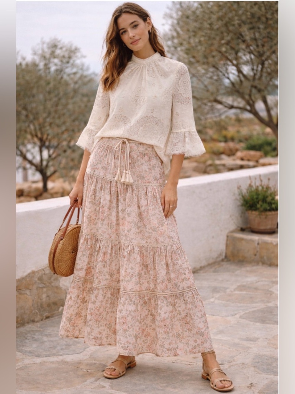 *Lace Eyelet High-Neck Blouse in Cream - Picture 4 of 9